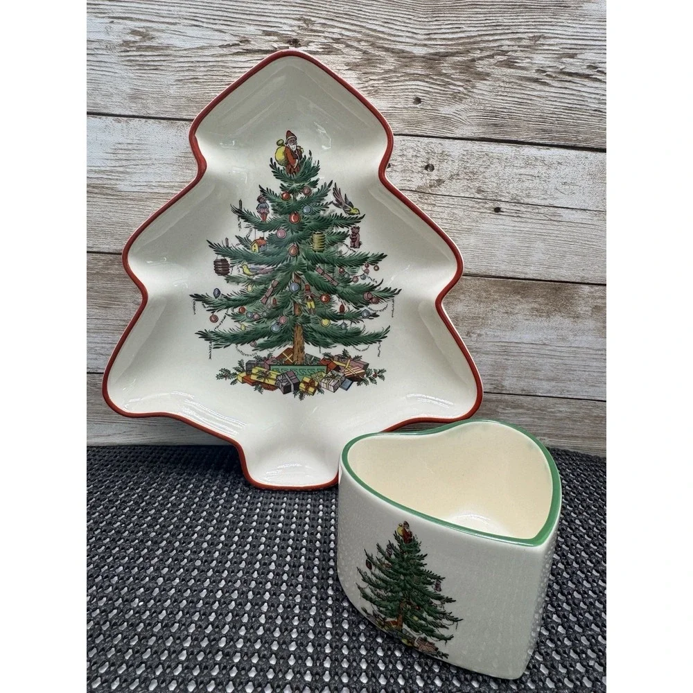 Set 2 Vintage Spode Christmas Tree Serving Trinket Candy Nut Dishes NICE! 1990's